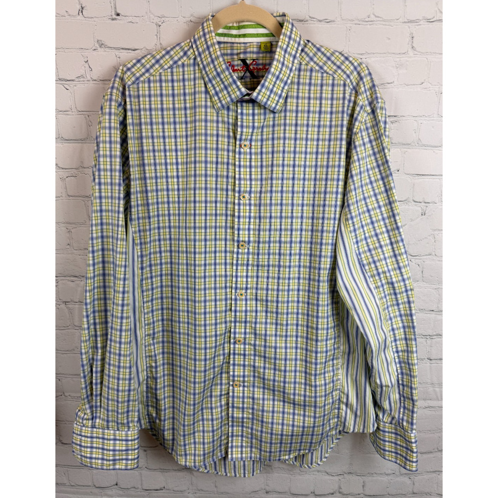 ROBERT GRAHAM white green blue 100% cotton check mens button down shirt XL